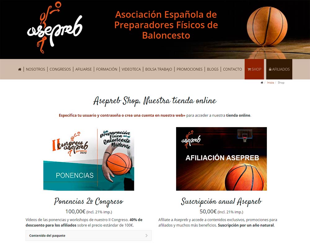 Nueva tienda online para la página web de Asepreb diseñada por Azaelia en Madrid