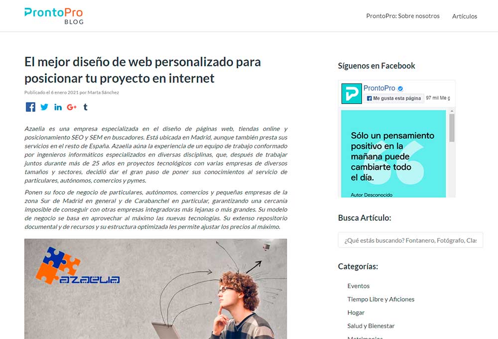 Entrevista de ProntoPro a Azaelia sobre diseño web y posicionamiento en buscadores